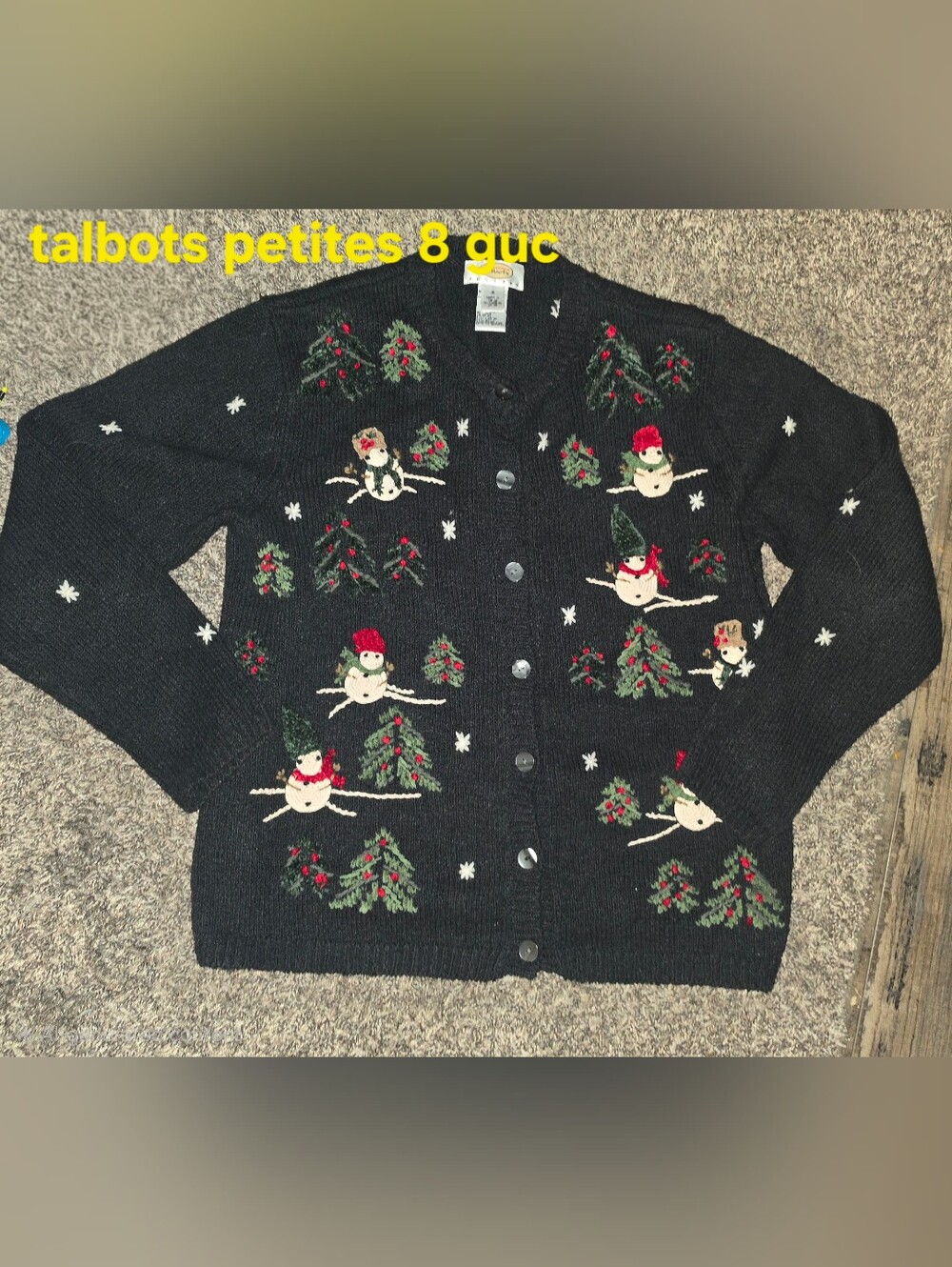 VTG Talbots Christmas Cardigan Sweater Black Snowman Tree Embroidered Petites 8